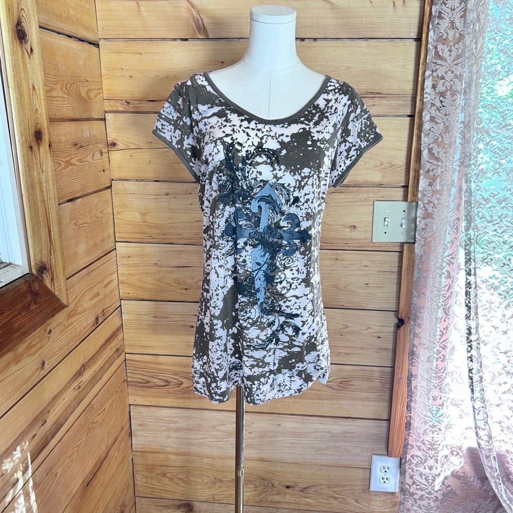Vintage Burnout Cross Graphic Tee Womens Extra Large Green Mall‎ Goth Affliction